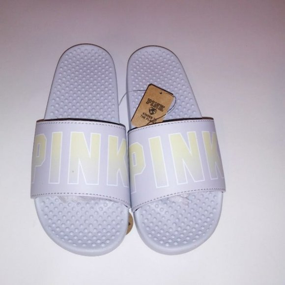 Victoria Secret PINK Slides Size Small 5 6 Gray Yellow Logo Slip On New With Tag - Picture 2 of 7